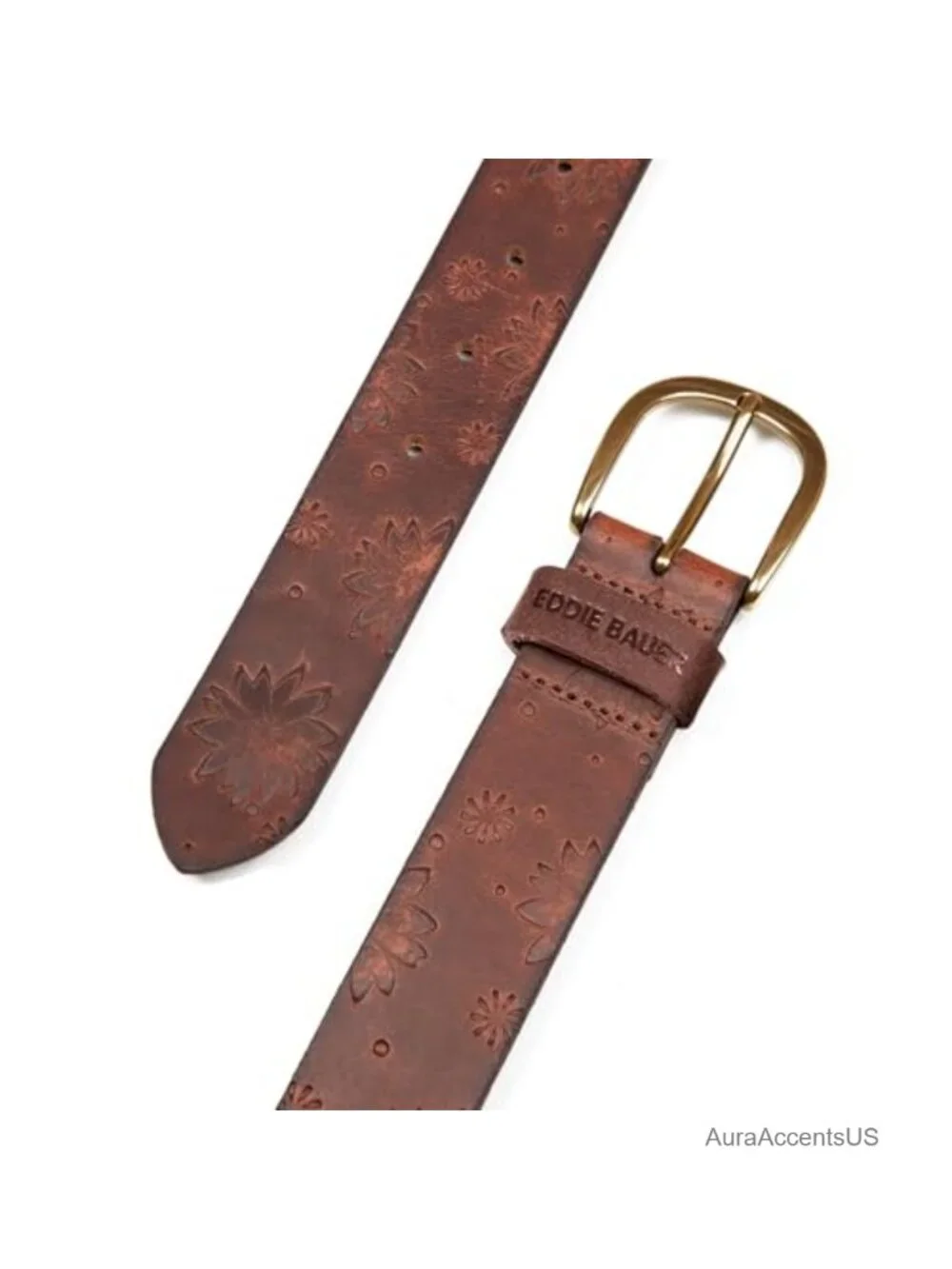 Women's Casual Leather Belt with Tooled Floral Pattern, Metal Buckle